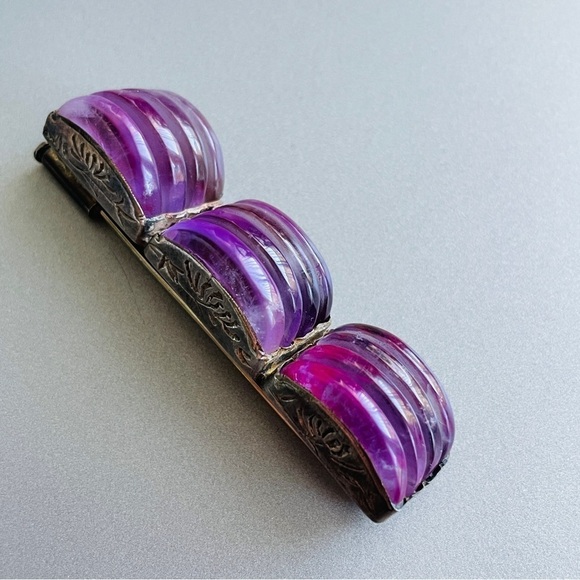 Antique Chinese Carved Amethyst Sterling Silver Ribbed Rectangle Pin Bro… - Picture 10 of 12